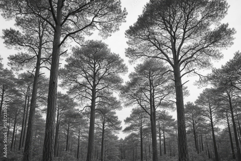 Monochrome vertical scene featuring pine trees, branches, and a luminous sky at a serene forest location Monochrome vertical scene featuring pine trees, branches, and a luminous sky at a serene forest location
