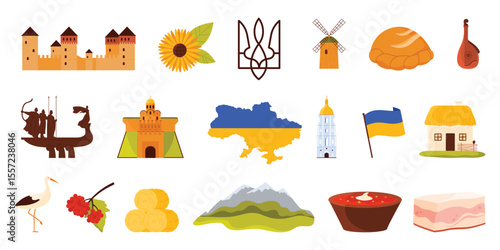 Ukrainian culture, nature and landmark sticker set. Flag, trident and country map, food of Ukrainian cuisine and sunflower, house and landscape of Carpathian Mountains cartoon vector illustration
