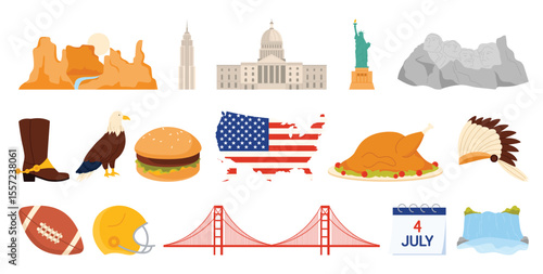 Travel to USA stickers set. United States of America map with flag and landmarks, American Football, Grand Canyon and Capitol building in Washington, Golden Gate Bridge cartoon vector illustration