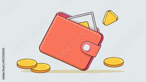 cartoon coral wallet with cash bills and gold coins money finance isolated on white background.