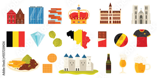 Travel to Belgium, culture elements, food and drink, architecture landmarks set. Belgian flag and map, medieval castle and cathedral, Atomium structure in Brussels cartoon vector illustration