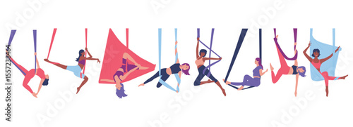 Vector illustration of women practicing aerial yoga in diverse poses using silk ropes, representing fitness, flexibility, balance, and group exercise in an aerial yoga class.