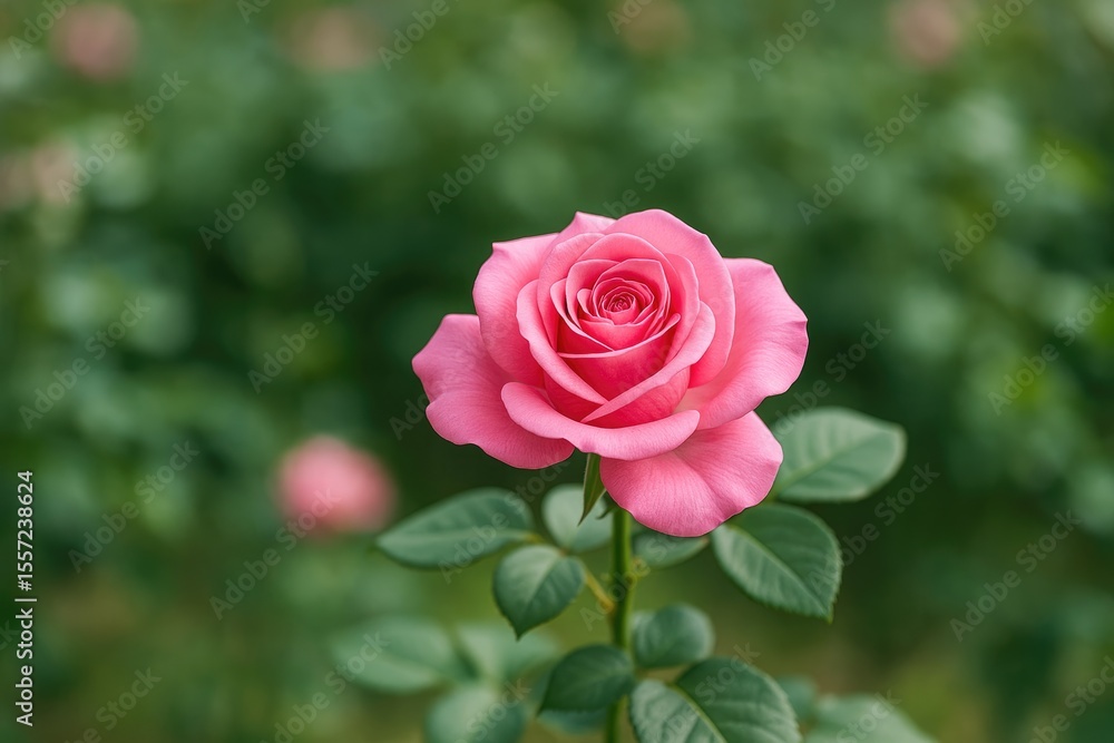 A garden scene featuring a pink rose in bloom A garden scene featuring a pink rose in bloom