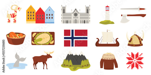 Travel to Norway set. Norwegian flag and Nidaros Cathedral, Urnes Stave Church and mountain landscape with forest, Viking weapons and sweater with ornament, lighthouse cartoon vector illustration