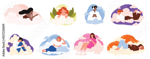 People dream in clouds, flying in sky set. Mental health and wellbeing calm collection with happy young male and female characters sleep and rest on clouds, cozy nap time cartoon vector illustration