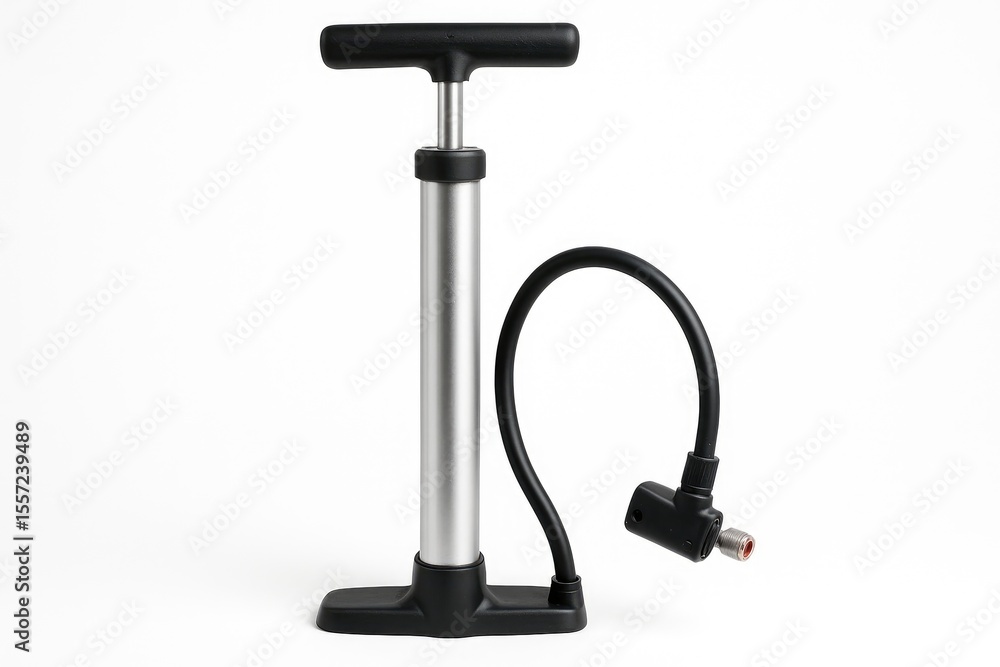 Close-up of a handheld bicycle air pump on a white background, with cycling tools and accessories, used for inflating tires by a cyclist Close-up of a handheld bicycle air pump on a white background, with cycling tools and accessories, used for inflating tires by a cyclist