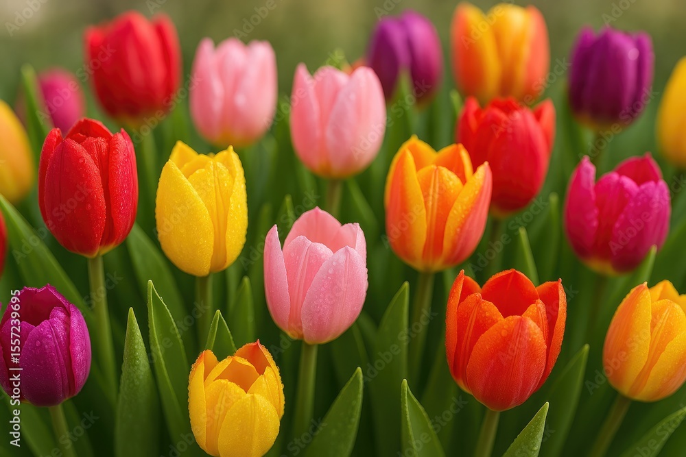 Fototapeta premium Vibrant Springtime Tulip Arrangement with Dew Drops