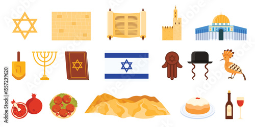 Travel to Israel set. Jewish holiday Hanukkah objects and Judaism religious collection, country flag and star of David, rabbi hat and hamsa hand, sufganiyot and falafel cartoon vector illustration
