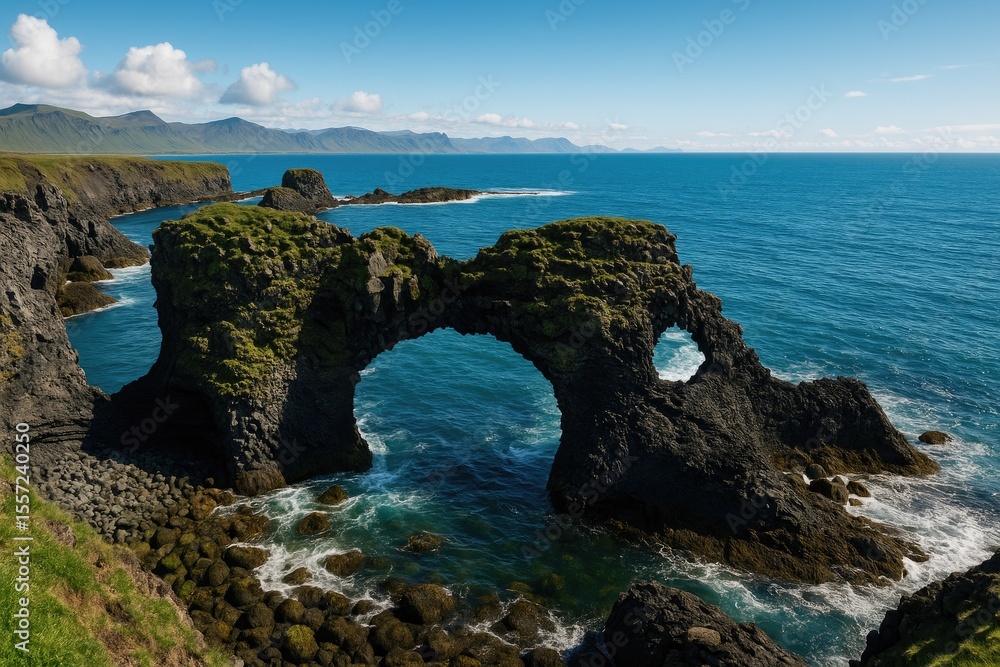 Fototapeta premium Stunning ocean view featuring a basalt arch on a volcanic cliff along the western Atlantic shoreline, perfect for nature photography.