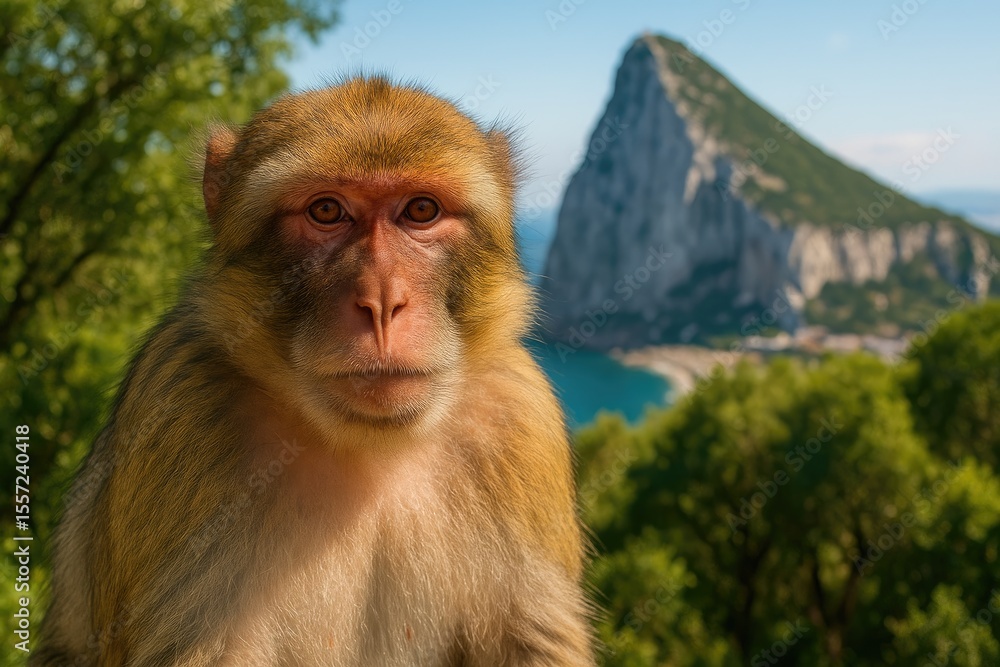 Naklejka premium Wild Barbary macaque perched on a rocky outcrop
