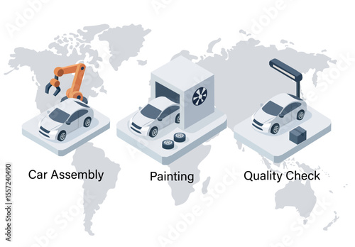 Vector illustration of the car manufacturing process Car Assembly, Painting, and Quality Check with a world map backdrop