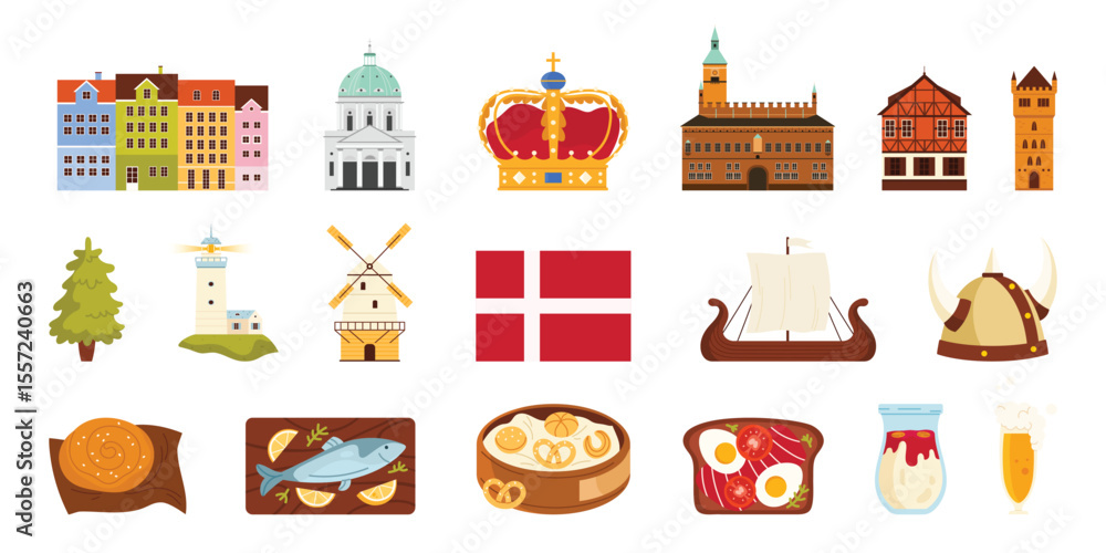 Obraz premium Travel to Denmark set, culture elements and architecture, national flag. traditional houses and castle of Copenhagen cityscape, food and lighthouse, viking helmet and boat cartoon vector illustration