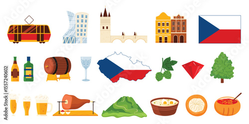 Travel to Czech Republic set with culture elements and landmarks, food and drink. Czech beer and Becherovka, pork knuckle and crystal glass, branch of hops and buns cartoon vector illustration