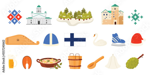 Travel to Finland set, culture elements and landmarks, food and ethnic ornament. Finnish flag and Helsinki Cathedral, salmon slice and fish soup, Santa hat and swan cartoon vector illustration