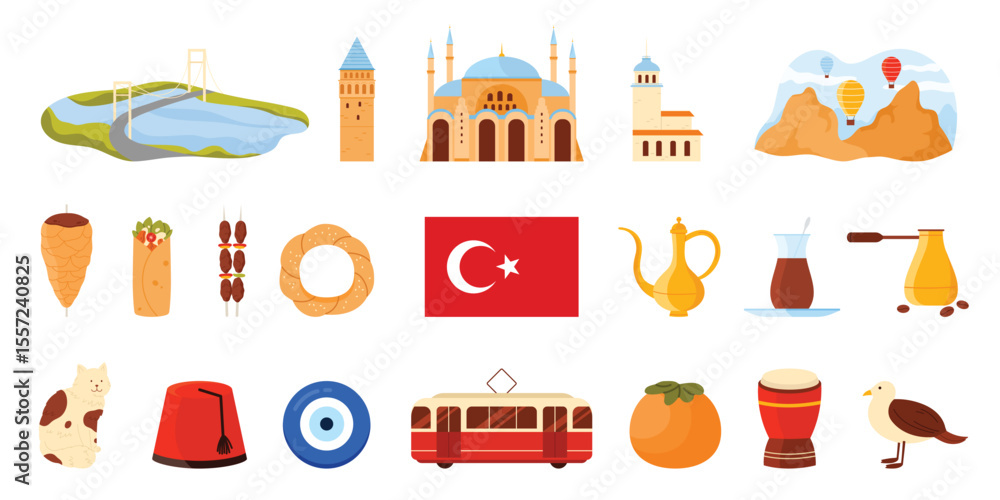 Naklejka premium Travel to Turkey set, Turkish culture elements and food, flag, nature and architecture landmark. Galata Tower Museum and Blue Mosque, Bosphorus Bridge, Cappadocia landscape cartoon vector illustration