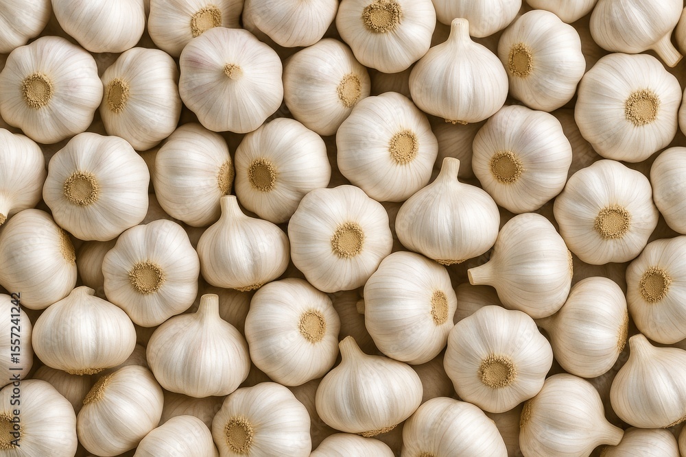 Abundance of garlic with a garlic-themed backdrop Abundance of garlic with a garlic-themed backdrop