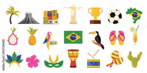 Travel to Brazil set, Brazilian culture elements and landmarks, beach objects and food. Flag and map of country, carnival costume and statue of Jesus in Rio de Janeiro cartoon vector illustration