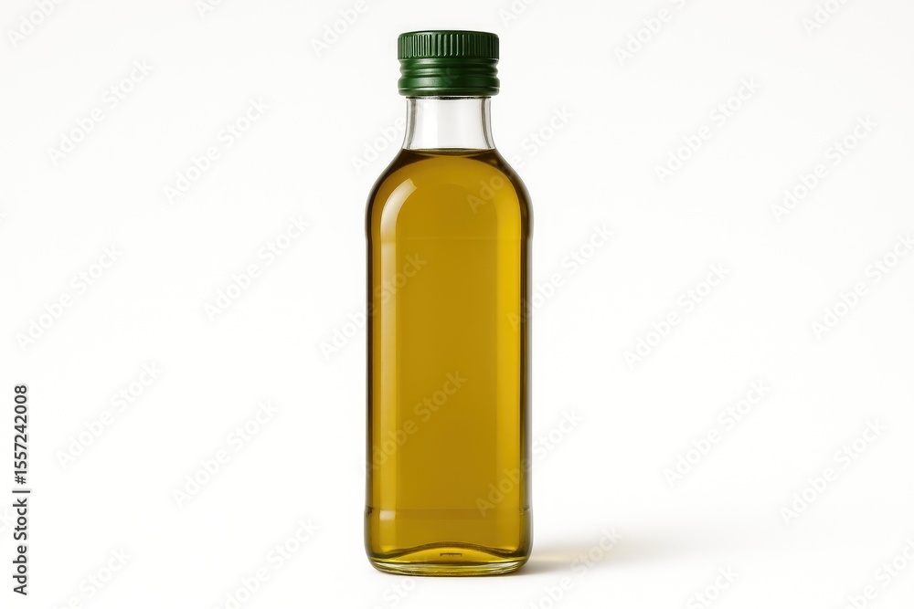 A single bottle of olive oil against a plain white backdrop A single bottle of olive oil against a plain white backdrop