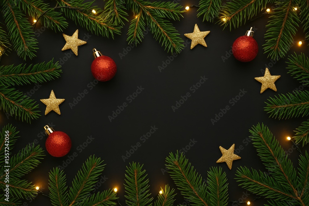 Festive holiday decorations on a dark background featuring pine branches, ornaments, and twinkling lights Festive holiday decorations on a dark background featuring pine branches, ornaments, and twinkling lights