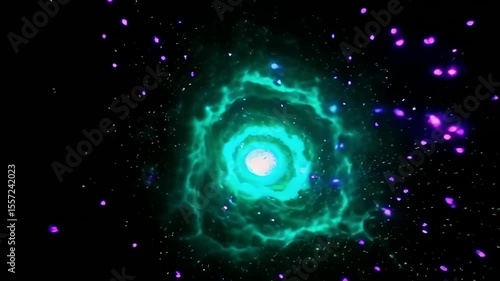 Abstract spiritual energy swirling through a vibrant nebula. Vibrant Cosmic Swirl with Bright Center in Dark Galactic Space