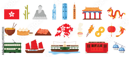 Hong Kong culture elements and sight seeing landmarks set. Buddha monument and ancient pagoda, map and flag, tourist transport of city, fish balls and dim sum street food cartoon vector illustration