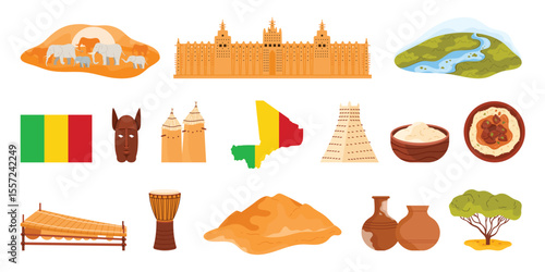 Travel to Mali infographic set, culture elements, food and landmarks, flag and map. Great Mosque of Djenne, Niger River and savanna landscape with elephants, clay huts cartoon vector illustration