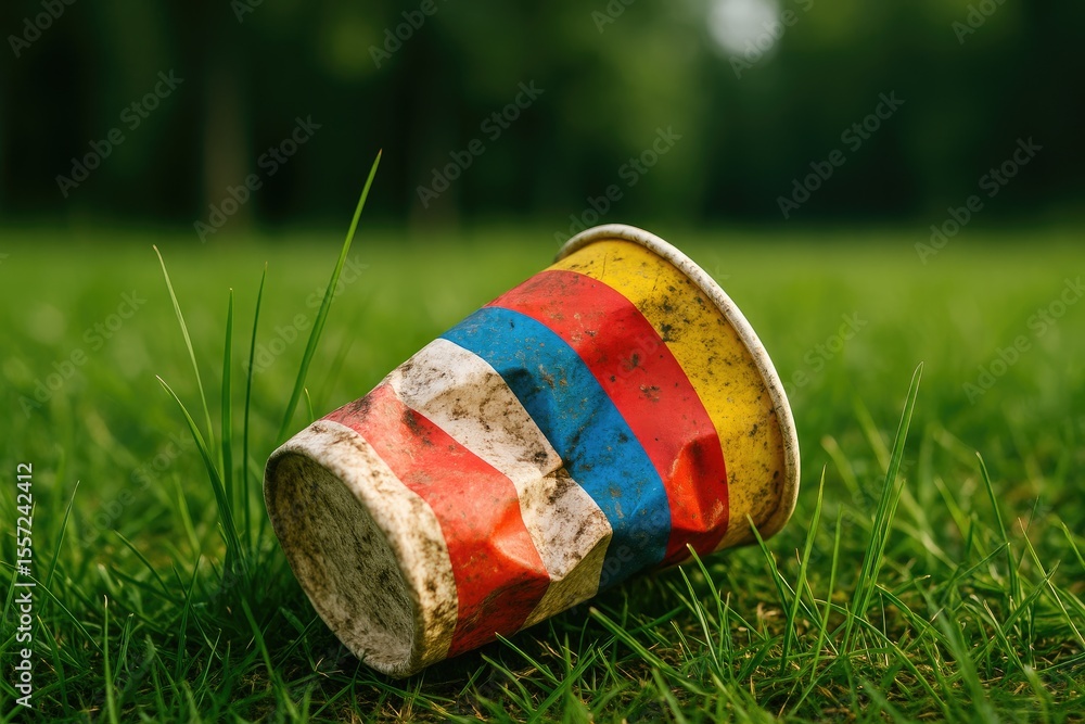 Fototapeta premium Discarded plastic cup left on grass contributing to pollution
