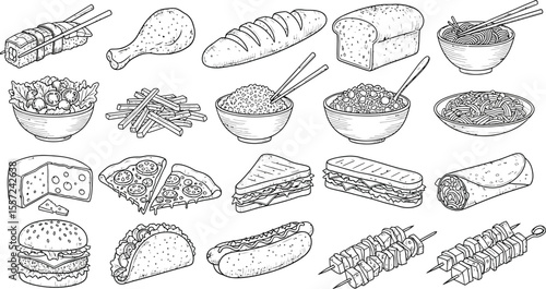 Illustration of various food items including sushi and burger and pizza