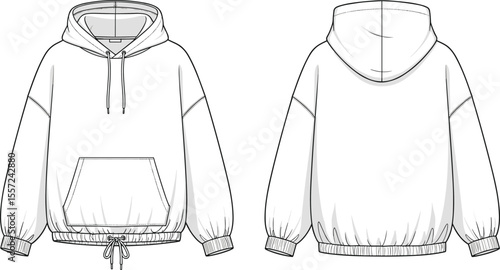 Must have oversized hoodie fashion flat sketch, a vector technical drawing template with front and back views for apparel design.