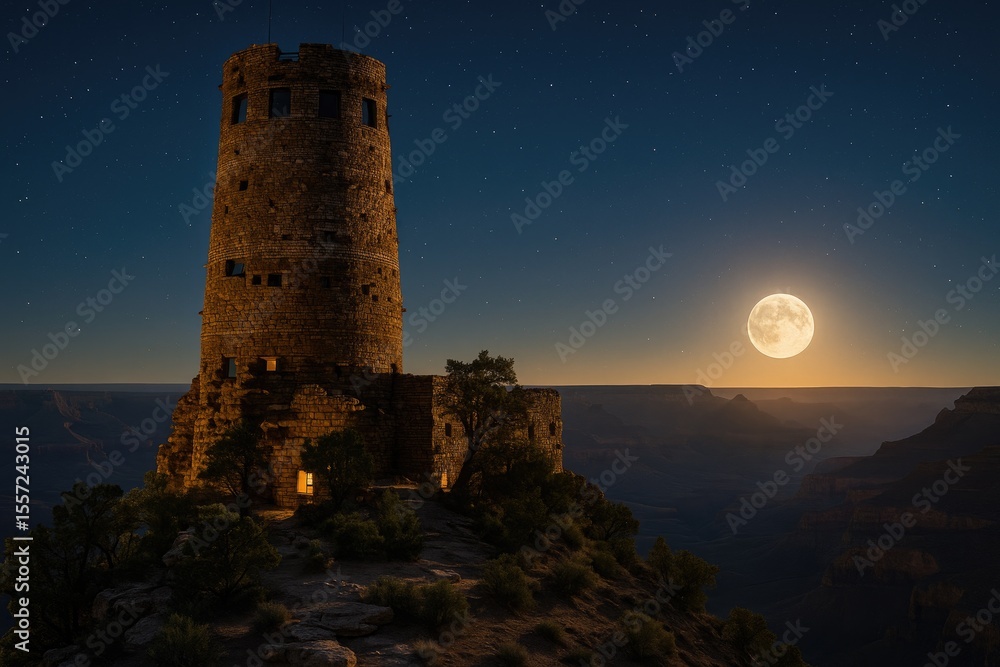 Ancient lookout on the southern edge of a famous canyon, glowing under a new moon, overseen by a national preservation agency. No permission required. Ancient lookout on the southern edge of a famous canyon, glowing under a new moon, overseen by a national preservation agency. No permission required.