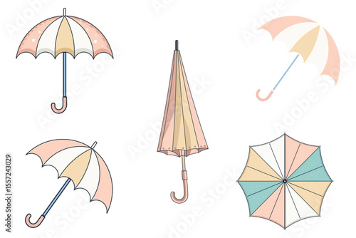 Vector umbrella collection with pastel tones, flat weather icons in cartoon style, seamless design elements, cute and simple rain accessories, open and folded umbrella illustrations for kids
