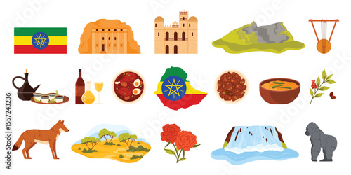 Ethiopia travel landmarks set, tourist attractions and Ethiopian culture elements, food of African country. Church of Saint George in Lalibela, Fasil Ghebbi fortress cartoon vector illustration