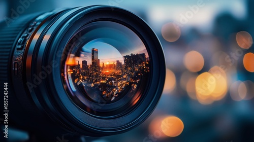 Capturing the city skyline through a camera lens during sunset with vibrant bokeh effects in the background