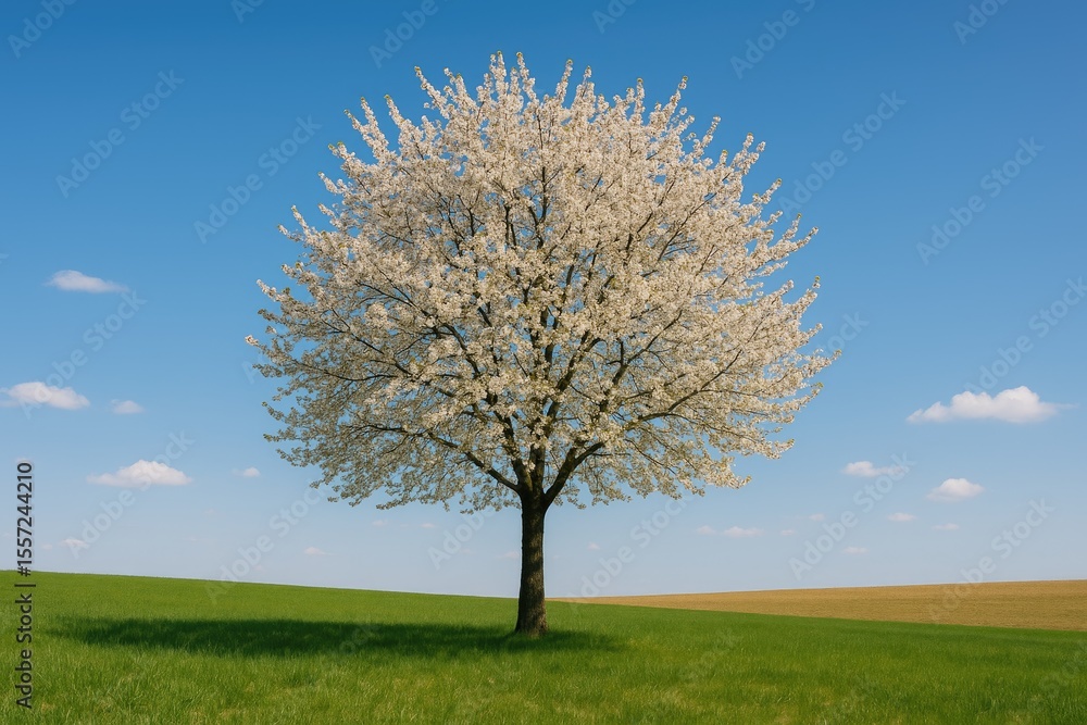 A solitary blooming tree during springtime in a countryside landscape under a clear blue sky A solitary blooming tree during springtime in a countryside landscape under a clear blue sky