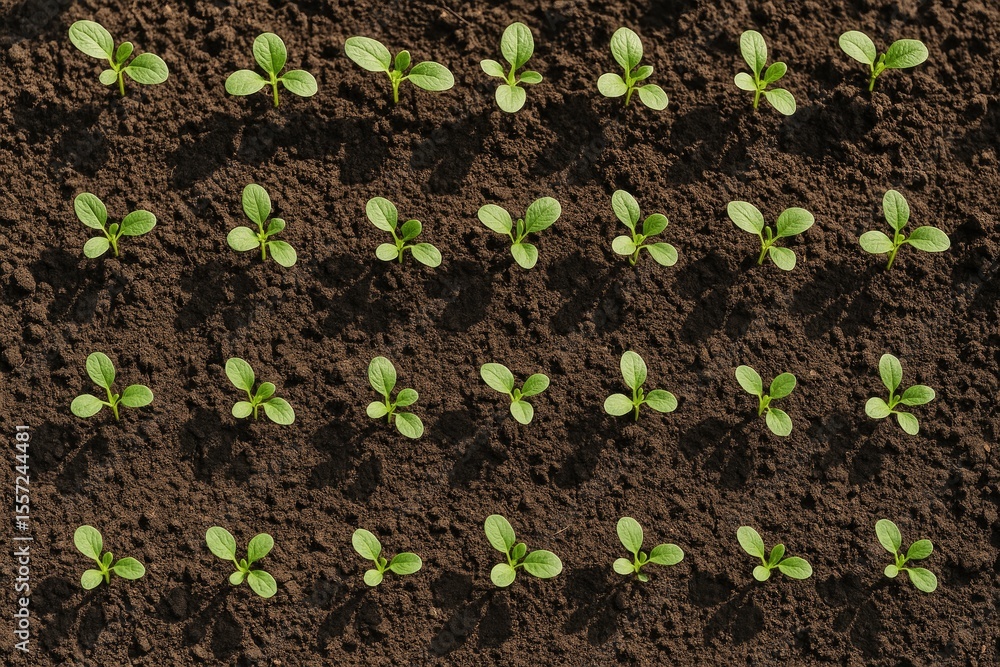 Young plant sprouts in a vegetable patch during early spring, overhead perspective Young plant sprouts in a vegetable patch during early spring, overhead perspective