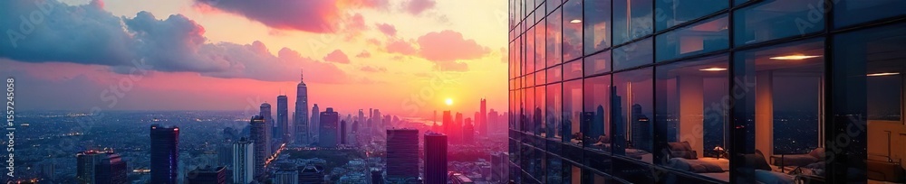 Fototapeta premium Modern Glass Office Tower Reflecting Sunset Cityscape Architectural Photography