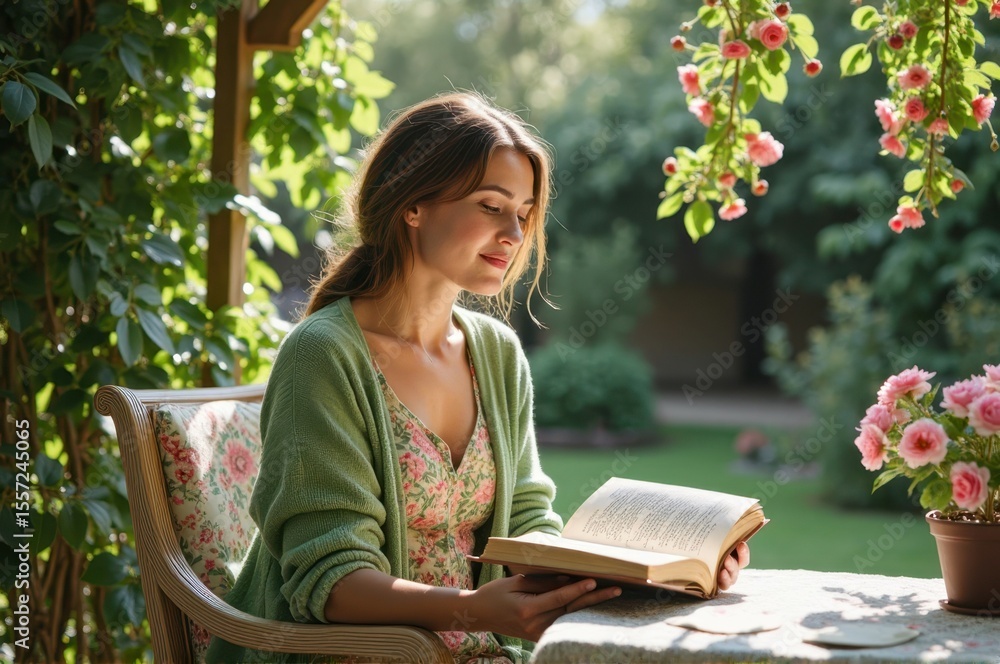 Obraz premium Young caucasian female reading book in floral garden oasis