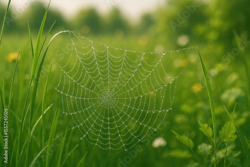 Tiny morning dew droplets trapped in a spider's web among grass blades