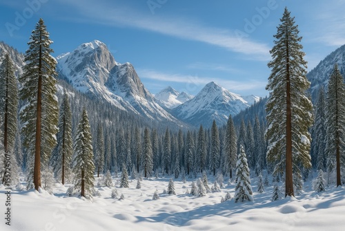 Frozen winter scenes featuring snow-covered mountains and forests