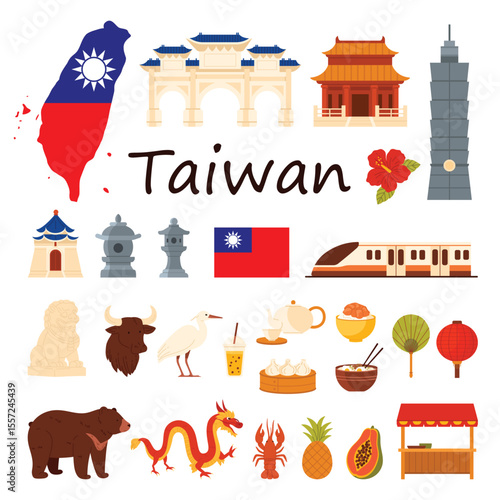 Travel to Taiwan set with title. Map with Taiwanese flag and hibiscus, Confucius Temple and Taipei tower, ancient pagoda and street market food, red lantern and dragon cartoon vector illustration
