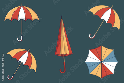 Flat vector umbrella set featuring colorful rain protection icons, hand-drawn cartoon style, rainy season illustrations, open and closed umbrellas, perfect for design kits and seasonal themes
