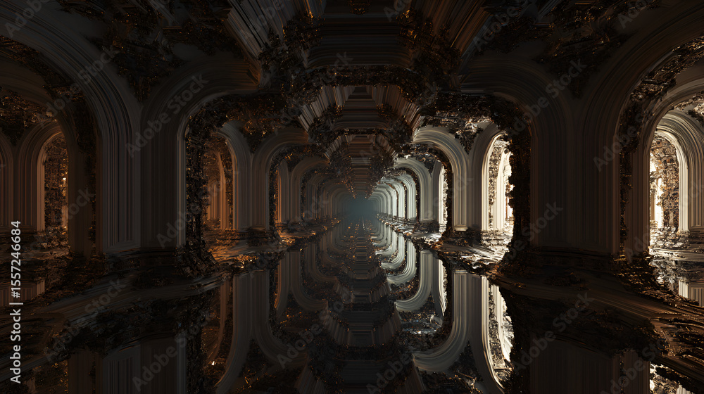 Naklejka premium Exploring Mysterious Ancient Hallway with Arches and Water Reflection