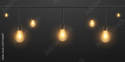 Collection of realistic glowing lamps hanging on a wire. Glowing bulbs. On a transparent background. Vector.