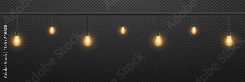 Collection of realistic glowing lamps hanging on a wire. Glowing bulbs. On a transparent background. Vector.
