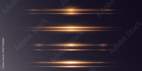 Horizontal linear rays, explosion of glitter. Golden flashes of light, glowing line.Vector.EPS 10.