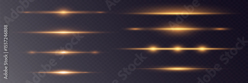 Horizontal linear rays, explosion of glitter. Golden flashes of light, glowing line.Vector.EPS 10.