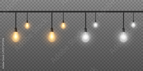 Collection of realistic glowing lamps hanging on a wire. Glowing bulbs. On a transparent background. Vector.