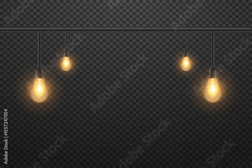 Collection of realistic glowing lamps hanging on a wire. Glowing bulbs. On a transparent background. Vector.