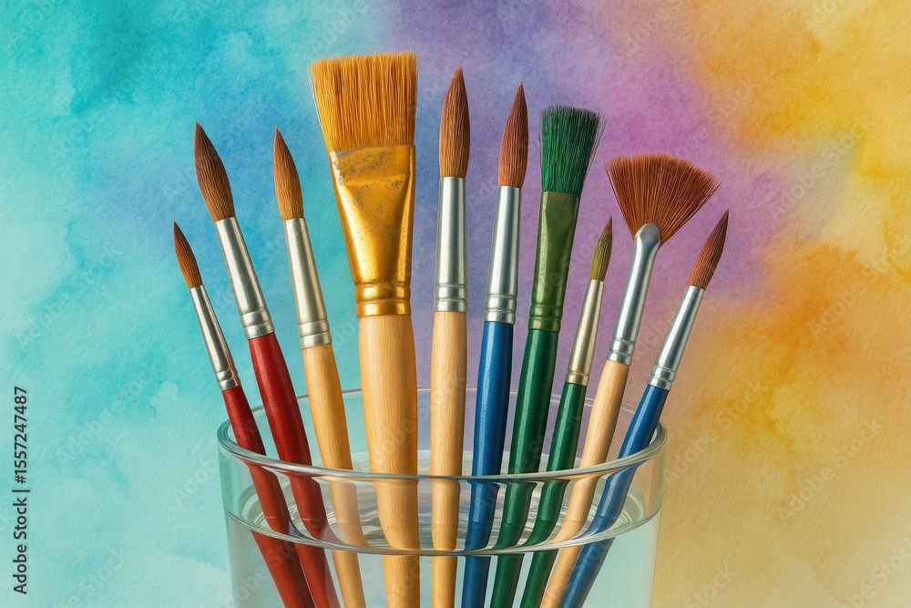 Fototapeta premium Close-up of paint brushes inside a glass container