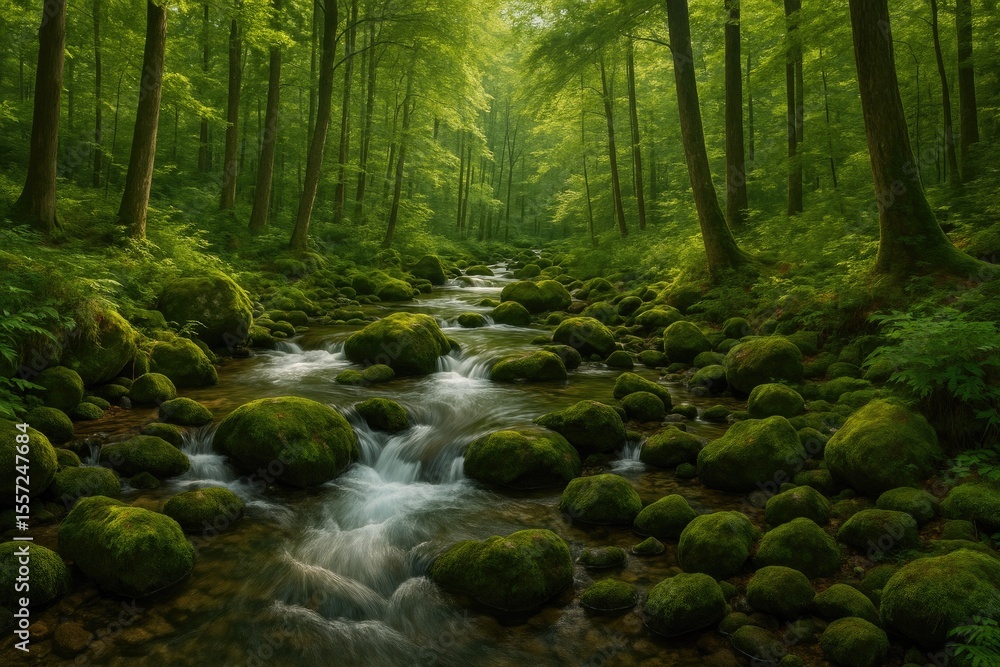 Fototapeta premium Tranquil woodland creek meanders through vibrant foliage and mossy stones.